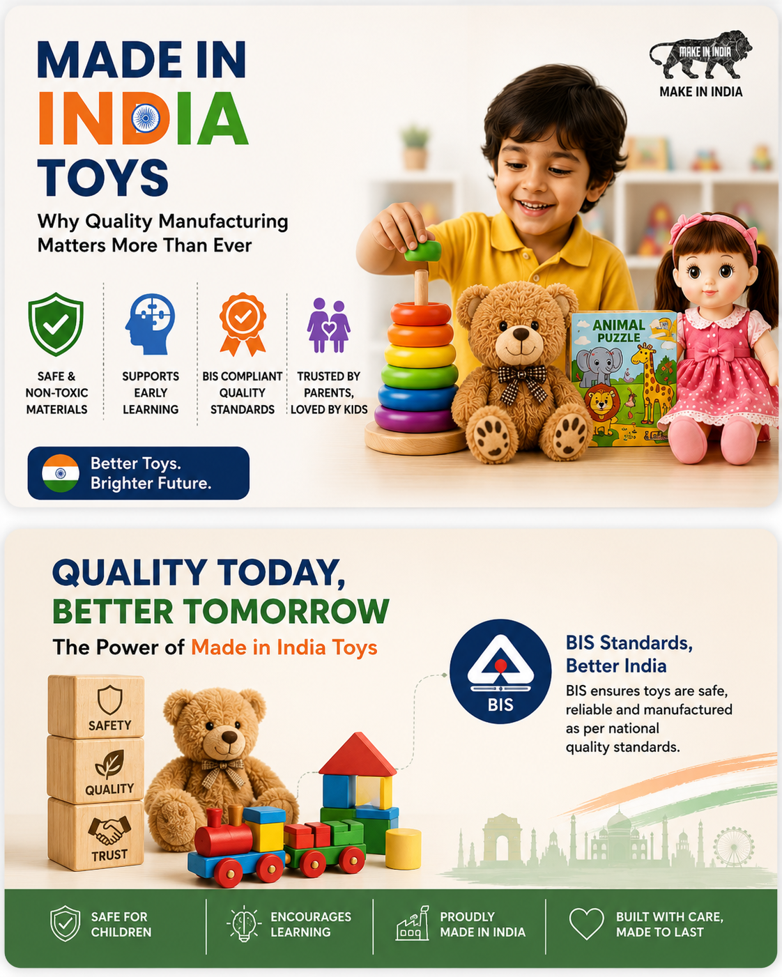 Made in India Toys infographic highlighting BIS-certified quality manufacturing, safe toys, educational toys, plush dolls, puzzles, and Indian toy manufacturing.